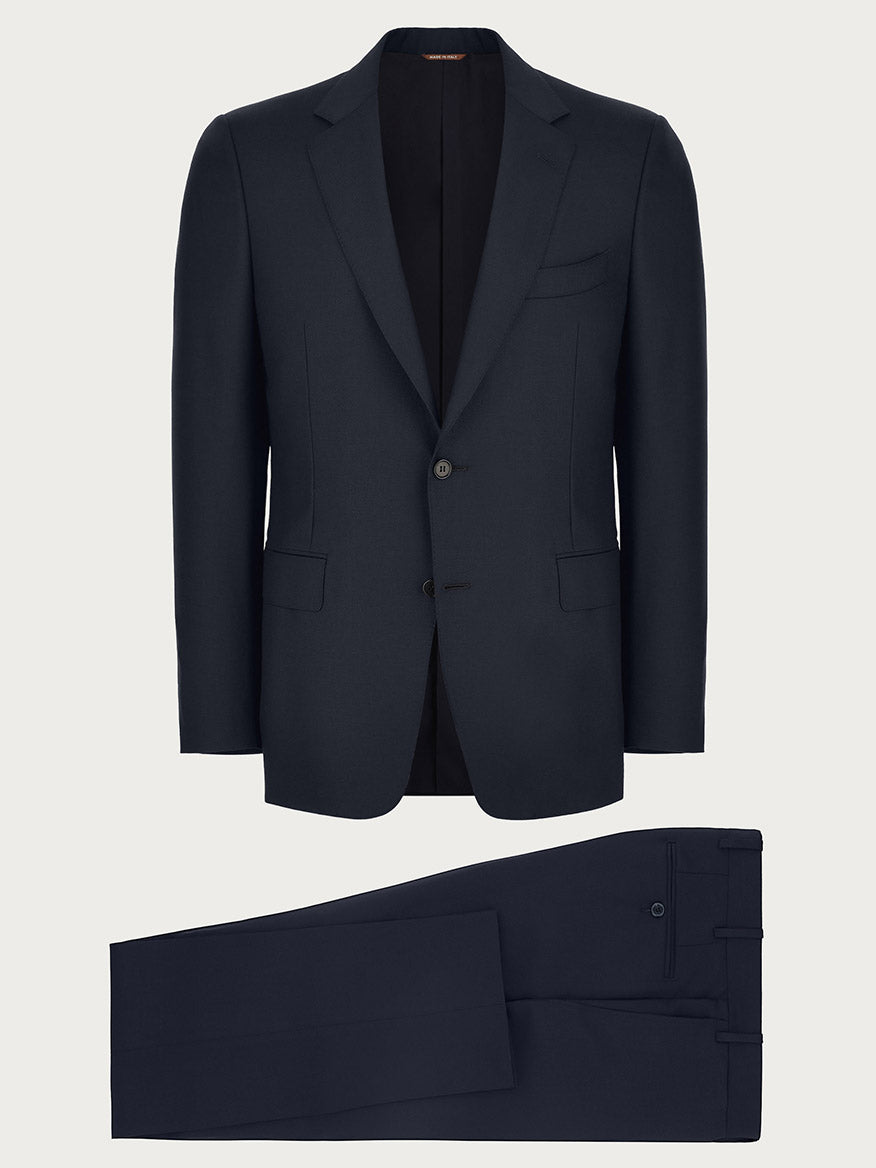 Canali Siena Contemporary Navy Blue Wool Suit set including a single-breasted jacket and trousers on a plain background. The jacket features a notched lapel and button closure, while the trousers have a flat front design.