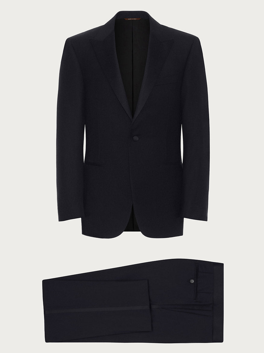 Canali Siena Black Wool Tuxedo with Peak Lapels set featuring a single-breasted jacket and matching trousers, made in Italy, displayed on a plain background.
