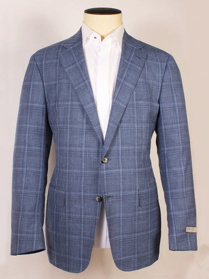 The Canali Flap Pocket Sport Jacket in Blue Plaid, featuring a notched lapel, is displayed on a mannequin over a white dress shirt.