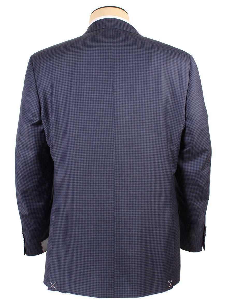 A Canali Super 120s Wool sport jacket in Classic Blue Check on a mannequin viewed from the back.