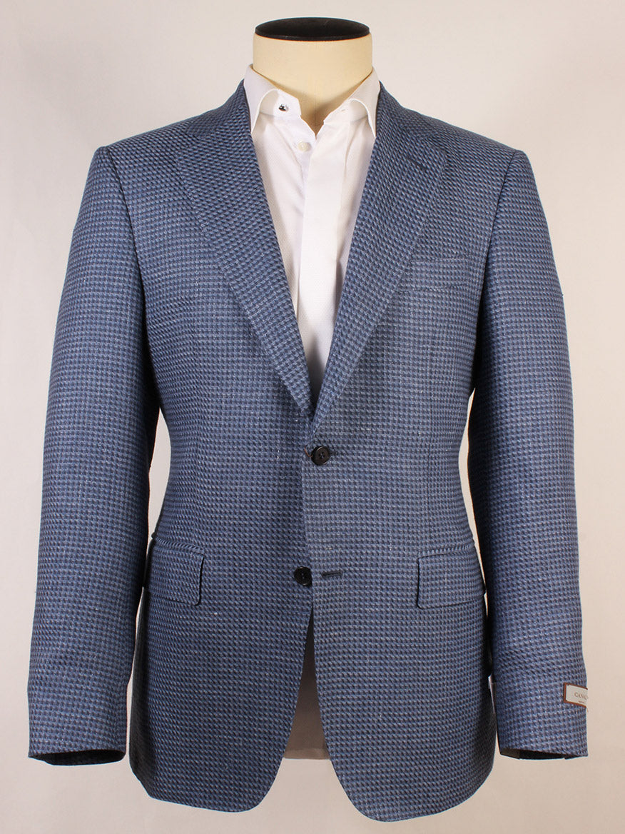 The Canali Flap Pocket Sport Jacket in mid blue, crafted in Italy with notch lapels, two front buttons, and flap pockets, is styled over a white dress shirt and displayed on a mannequin.