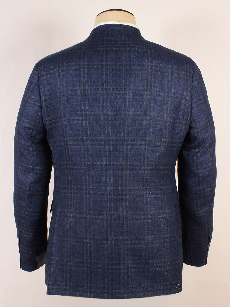 Back view of the Canali Kei Flap Pocket Sport Jacket in navy windowpane, made in Italy, shown on a mannequin against a plain backdrop.