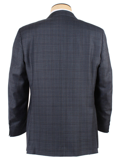 Rear view of a mannequin wearing a Canali Wool Sport Jacket in Blue Green Navy Plaid with notched lapels, displayed against a white background.