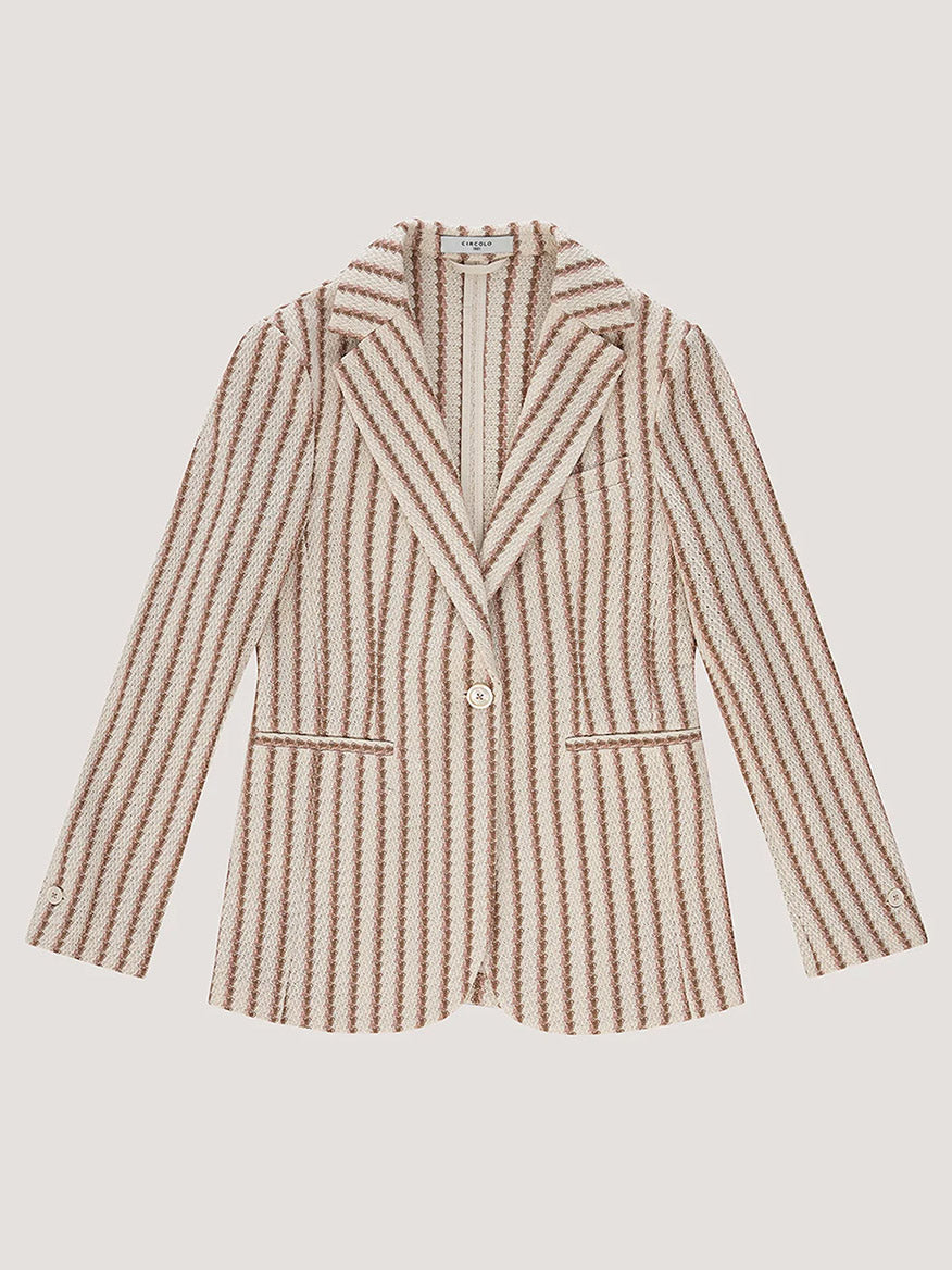 The Circolo 1901 Slim Striped Long Jacket in Naturale Knitted features a cream base with brown vertical stripes, notch lapel, single button closure, and two front pockets, shown laid flat on a neutral background.