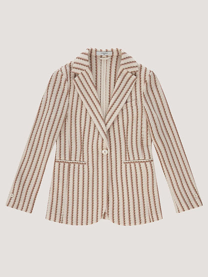 The Circolo 1901 Slim Striped Long Jacket in Naturale Knitted features a cream base with brown vertical stripes, notch lapel, single button closure, and two front pockets, shown laid flat on a neutral background.