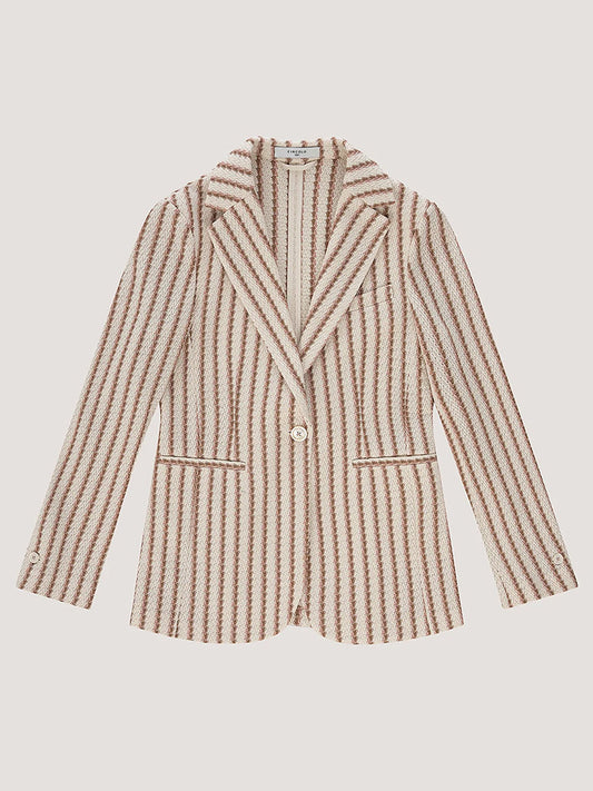 The Circolo 1901 Slim Striped Long Jacket in Naturale Knitted features a cream base with brown vertical stripes, notch lapel, single button closure, and two front pockets, shown laid flat on a neutral background.