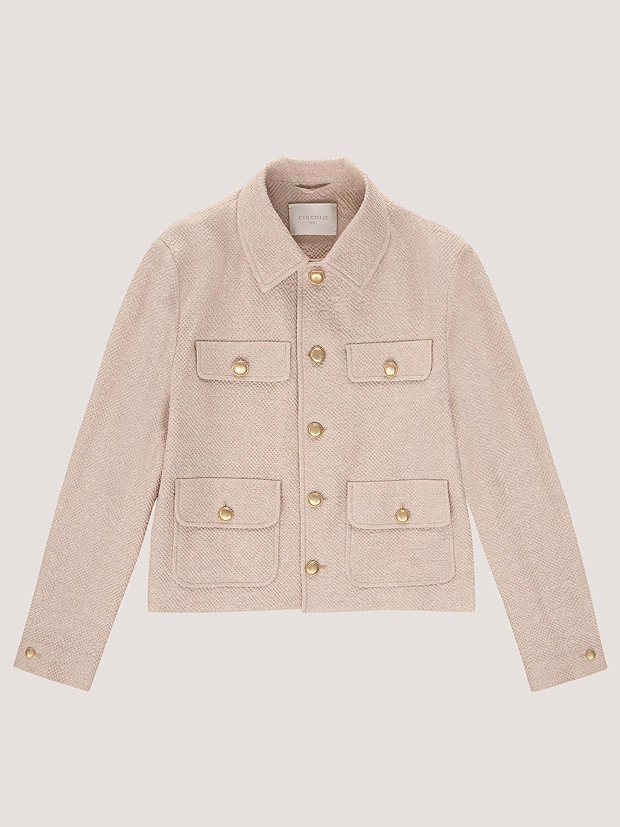 The Circolo 1901 Cropped 4-Pocket Jacket in Linen Bistretch features a light beige hue, collar, long sleeves, four front flap pockets, and metal buttons, shown laid flat on a neutral background.