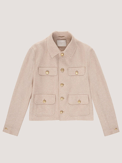 The Circolo 1901 Cropped 4-Pocket Jacket in Linen Bistretch features a light beige hue, collar, long sleeves, four front flap pockets, and metal buttons, shown laid flat on a neutral background.