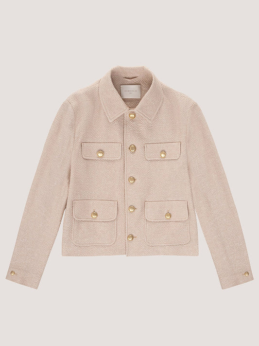 The Circolo 1901 Cropped 4-Pocket Jacket in Linen Bistretch features a light beige hue, collar, long sleeves, four front flap pockets, and metal buttons, shown laid flat on a neutral background.
