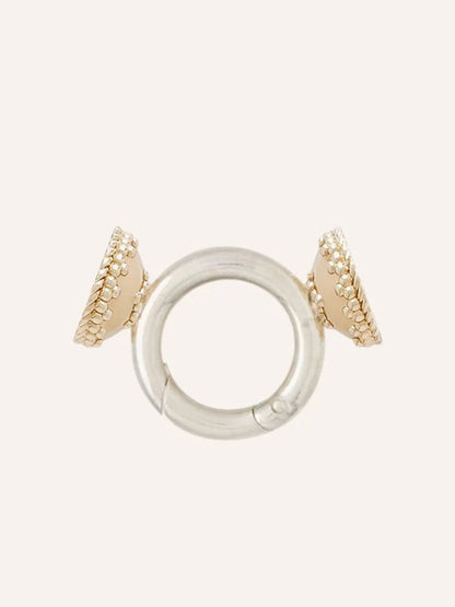 The Clara Williams ClaraCharm™ Rhodium Ring Mini Centerpiece features two round, beige and gold-trimmed ends—ideal for the Mini ClaraClasp Necklace or adding interchangeable charms for personalized jewelry.