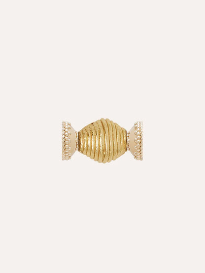 The Clara Williams Gold Lantern Mini Centerpiece, a 14K gold plated ridged cylindrical bead with decorative textured end caps, is shown against a plain light background.