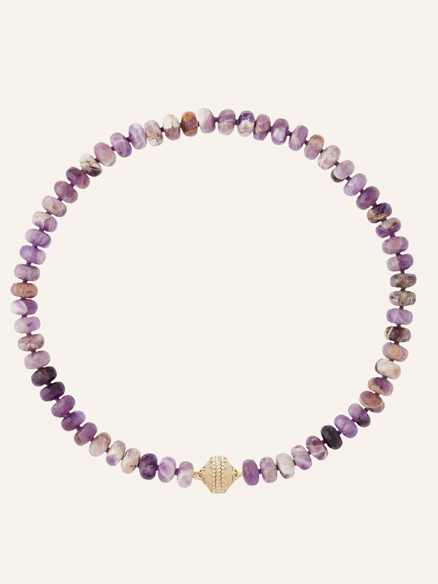 Clara Williams Nancy Amethyst Rondelle Necklace featuring polished, round Amethyst beads and a single 14K yellow gold accent bead, displayed on a neutral background.