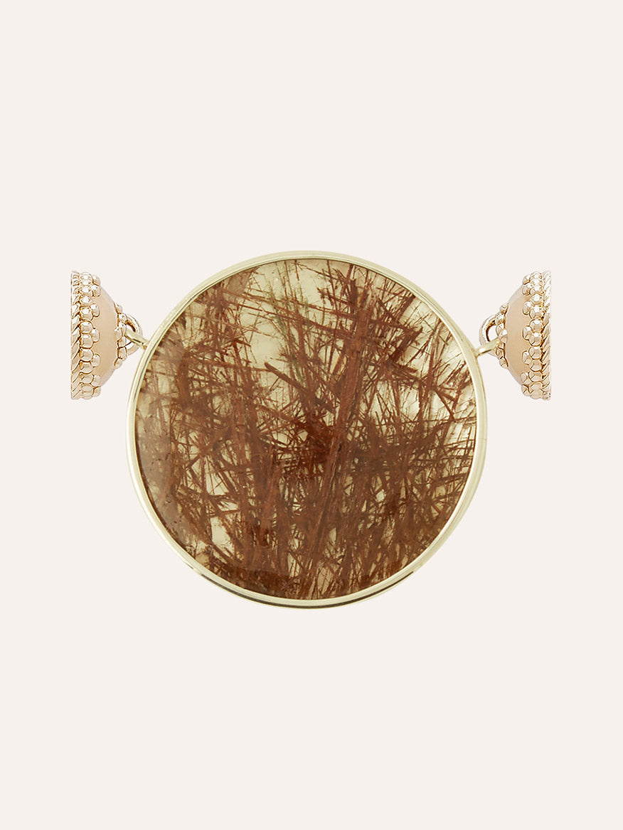 Clara Williams Sterling Silver Brown Garden Quartz Round Centerpiece featuring a large round Garden Quartz stone with visible needle-like inclusions, set between two decorative end caps and finished with a secure Magnetic ClaraClasp.
