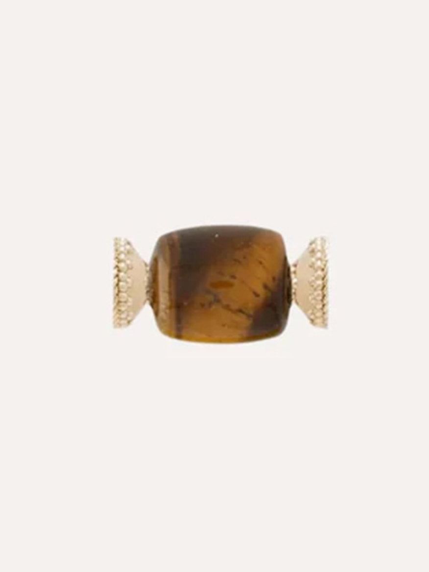 Clara Williams Tiger's Eye Barrel Mini Centerpiece ring, crafted in lustrous 14K yellow gold, features a rectangular Tiger's Eye stone as its centerpiece with textured gold settings on each side, showcased against a plain light background.