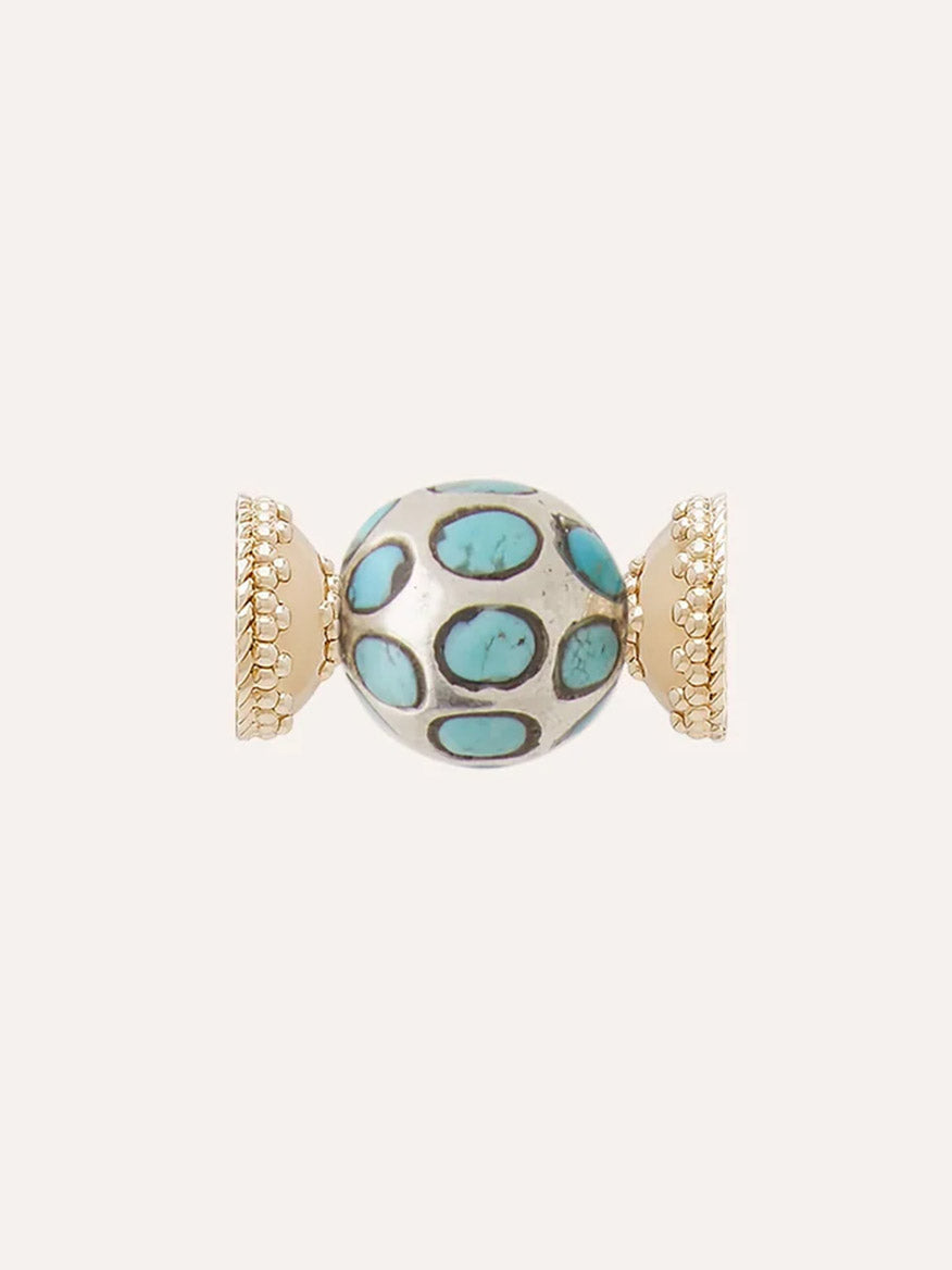 The Clara Williams Turquoise and Sterling Silver Mini Centerpiece features a spherical bead adorned with turquoise oval inlays and gold-toned, textured end caps, complemented by a sterling silver Mini Magnetic ClaraClasp and displayed against a plain background.