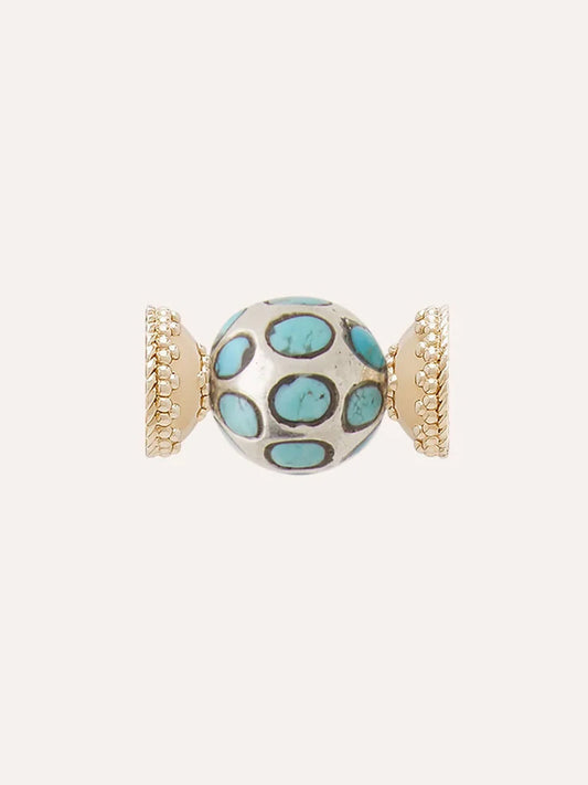 The Clara Williams Turquoise and Sterling Silver Mini Centerpiece features a spherical bead adorned with turquoise oval inlays and gold-toned, textured end caps, complemented by a sterling silver Mini Magnetic ClaraClasp and displayed against a plain background.