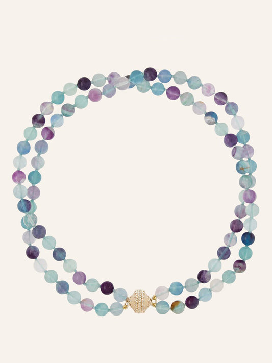 Clara Williams Victoire 8mm Multicolor Fluorite Double-Strand Necklace crafted from round beads in varying shades of blue, green, and purple, finished with a 14K gold clasp.