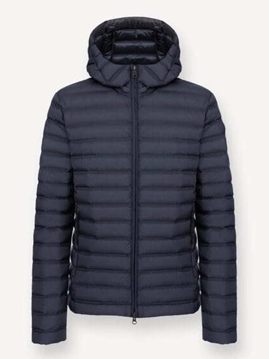 The Colmar Underscore Down Hooded Zip Jacket in Navy Blue/Vulcan is a water-repellent, quilted men’s jacket with a hood and front zipper, shown against a plain white background.