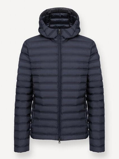 The Colmar Underscore Down Hooded Zip Jacket in Navy Blue/Vulcan is a water-repellent, quilted men’s jacket with a hood and front zipper, shown against a plain white background.