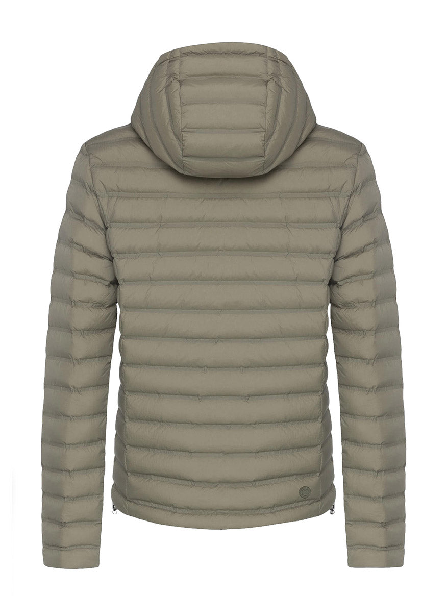 Back view of the Colmar Underscore Down Zip Jacket in Muddy Arizona, featuring light brown quilted design, horizontal stitching, and an attached hood. This water-repellent jacket provides warmth and style against a white background.