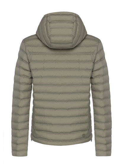Back view of the Colmar Underscore Down Zip Jacket in Muddy Arizona, featuring light brown quilted design, horizontal stitching, and an attached hood. This water-repellent jacket provides warmth and style against a white background.
