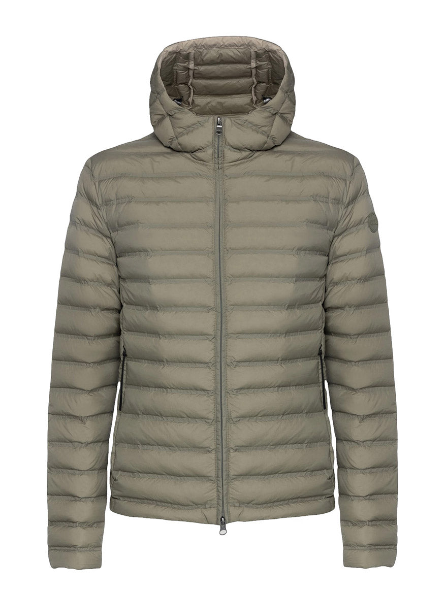 The Colmar Underscore Down Zip Jacket in Muddy Arizona features a quilted design, hood, front zipper closure, and two side zip pockets, shown on a plain white background.