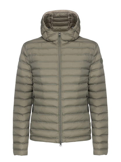 The Colmar Underscore Down Zip Jacket in Muddy Arizona features a quilted design, hood, front zipper closure, and two side zip pockets, shown on a plain white background.