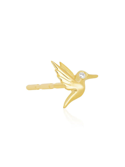 An EF Collection Mini Hummingbird Stud Earring in Yellow Gold with butterfly backings, featuring a small diamond embedded near the eye.