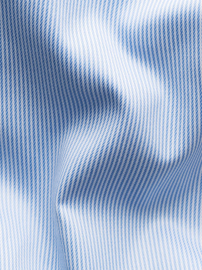 Close-up of the Eton Slim Fit Fine Striped Signature Twill Dress Shirt in Light Blue, featuring light blue and white pinstripes with an Extreme Cut Away Collar—ideal texture and style for a classic business look.