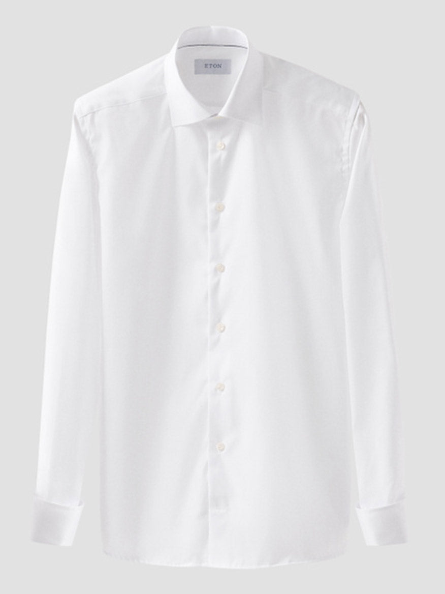 The Eton Contemporary Fit Solid Signature Twill Dress Shirt in White features a French cuff, crafted from signature twill organic cotton with a sharp collar and button-down front, displayed against a light gray background.