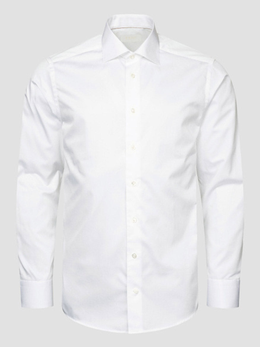 The Eton Contemporary Fit Solid Elevated Twill Dress Shirt in White features a classic collar and long sleeves, showcased against a neutral grey background.