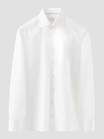 The Eton Contemporary Fit Solid Elevated Twill Dress Shirt in White features long sleeves and a collar, shown against a light gray background.