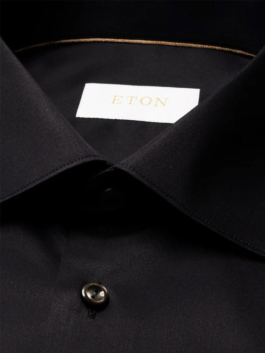 Eton Slim Fit Solid Elevated Twill Dress Shirt in black with a pointed collar and a branded inner neck label.