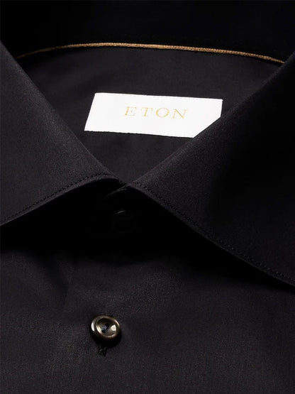 Eton Slim Fit Solid Elevated Twill Dress Shirt in black with a pointed collar and a branded inner neck label.