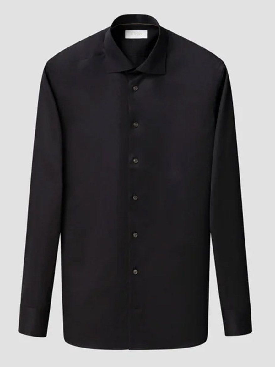 Eton Slim Fit Solid Elevated Twill Dress Shirt in black, featuring long sleeves, a wrinkle-resistant fabric, a classic collar, and a button front.