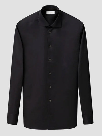 Eton Slim Fit Solid Elevated Twill Dress Shirt in black, featuring long sleeves, a wrinkle-resistant fabric, a classic collar, and a button front.