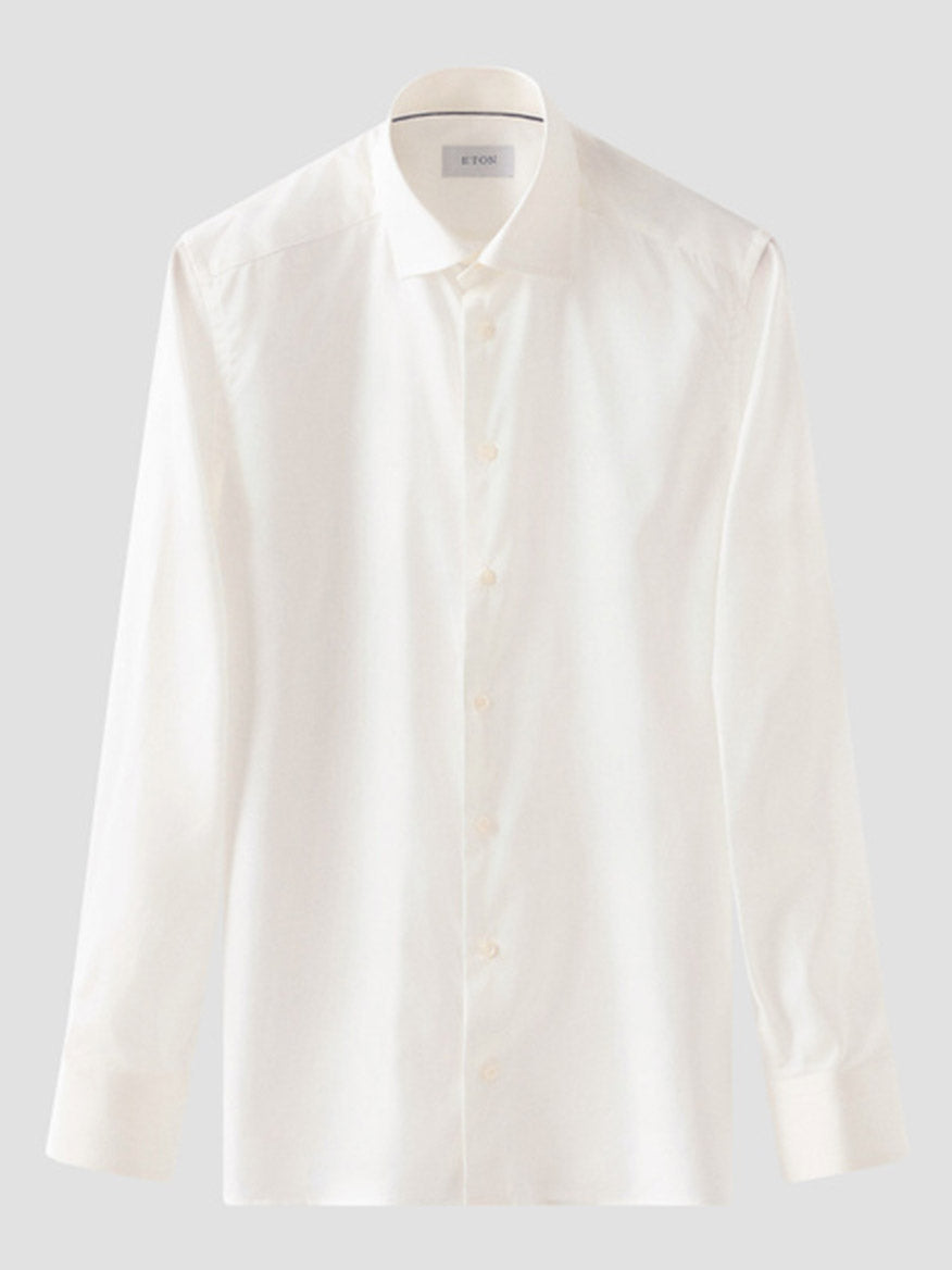 An Eton Contemporary Fit Solid Signature Twill Dress Shirt in Off-White is displayed against a light gray background.