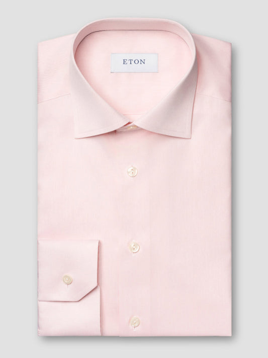 The Eton Contemporary Fit Solid Signature Twill Dress Shirt in Pink features a classic collar, buttoned cuffs, and the Eton label inside.
