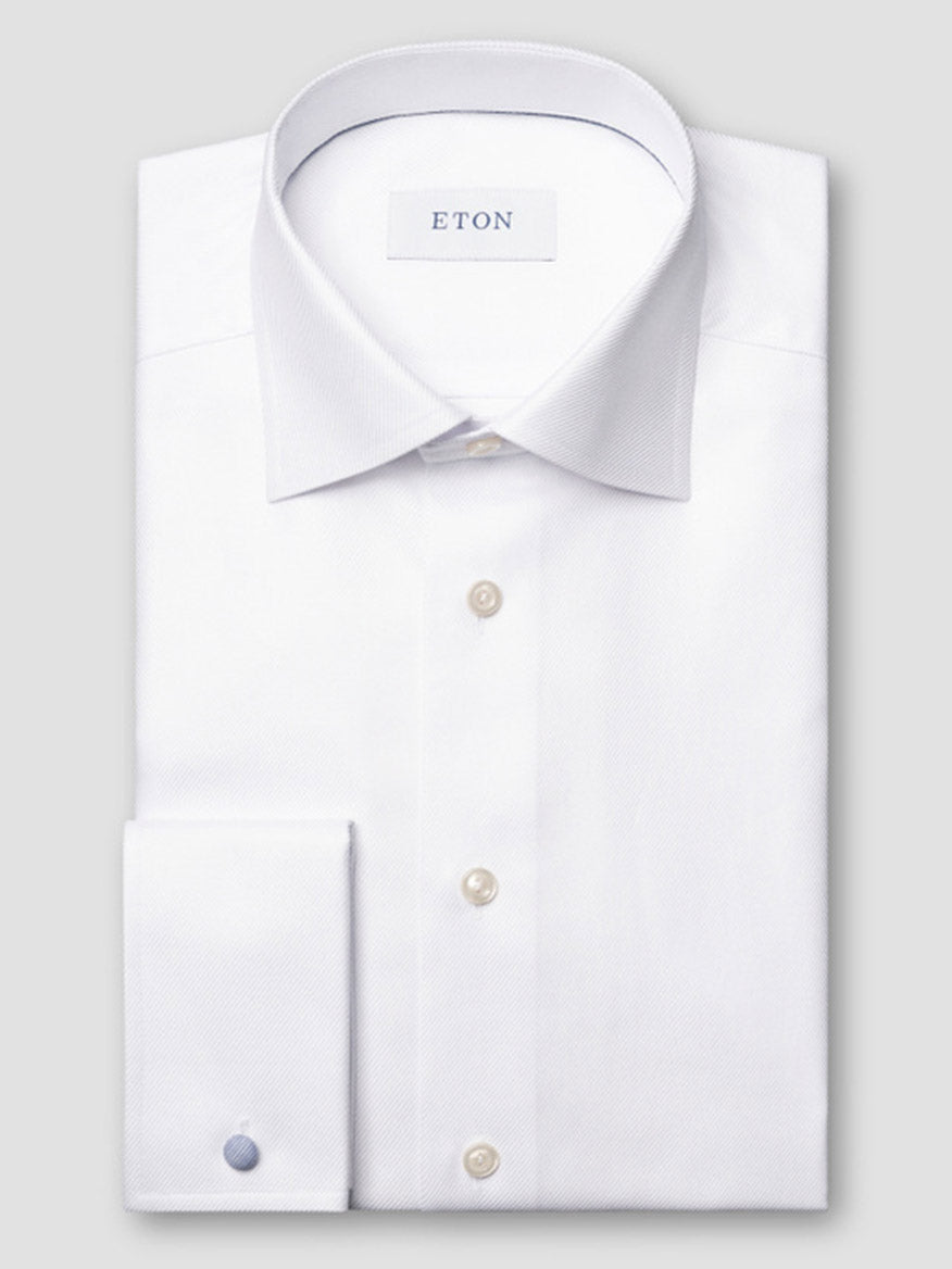 The Eton Contemporary Fit Solid Textured Twill Dress Shirt in White features a classic collar, button front, French cuffs, and is made from organic cotton with the ETON label inside the collar.