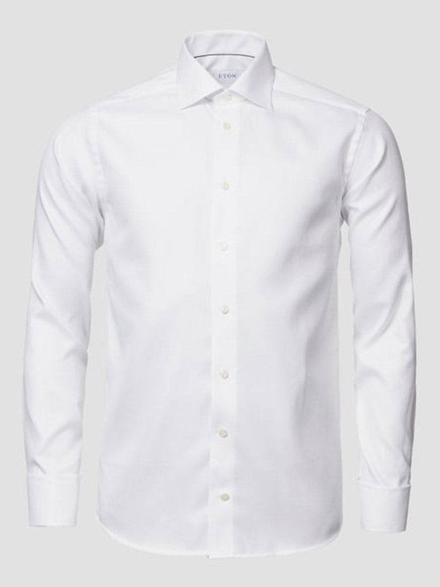 The Eton Contemporary Fit Solid Textured Twill Dress Shirt in White with French cuffs is displayed against a light gray background.