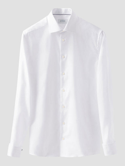 The Eton Contemporary Fit Solid Textured Twill Dress Shirt in White with French cuffs is shown against a light gray background.
