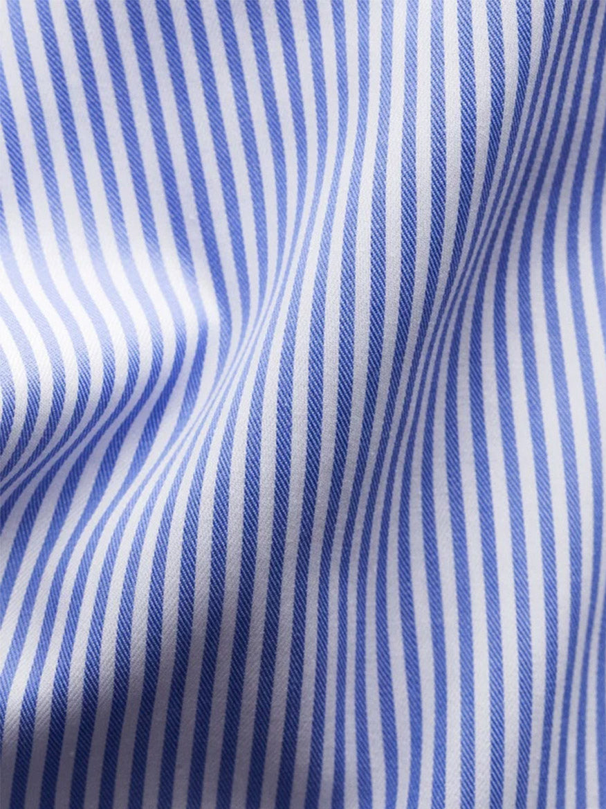 Close-up of the Eton Contemporary Fit Striped Fine Twill Dress Shirt in Light Blue, featuring blue and white vertical stripes with structured folds—perfect for business attire.