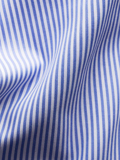 Close-up of the Eton Contemporary Fit Striped Fine Twill Dress Shirt in Light Blue, featuring blue and white vertical stripes with structured folds—perfect for business attire.