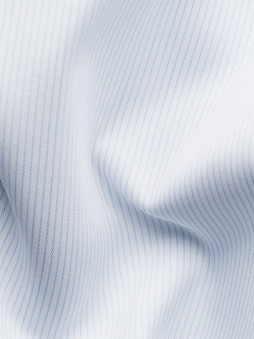 Close-up of the Eton Contemporary Fit Striped Twill Dress Shirt in Light Blue, showcasing light blue and white pinstripe cotton twill fabric with soft folds—ideal for a crease-resistant dress shirt.