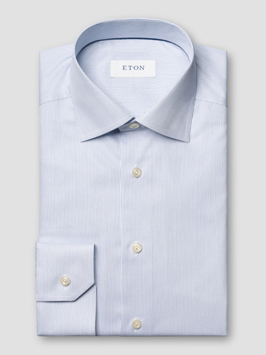 The Eton Contemporary Fit Striped Twill Dress Shirt in Dark Blue, displayed on a light gray background with white buttons and the "ETON" label inside the collar, is a sophisticated business essential crafted from fine cotton.