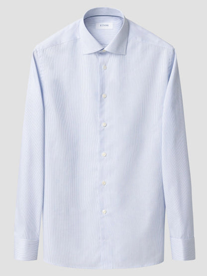 The Eton Contemporary Fit Striped Twill Dress Shirt in Dark Blue features a classic collar, long sleeves, and subtle stripes—an essential business staple crafted from premium cotton twill.