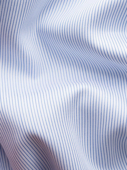 Close-up of Eton Slim Fit Striped Twill Dress Shirt in Dark Blue with thin blue pinstripes, extreme cut away collar, and soft cotton fabric—perfect for a crisp, modern look.