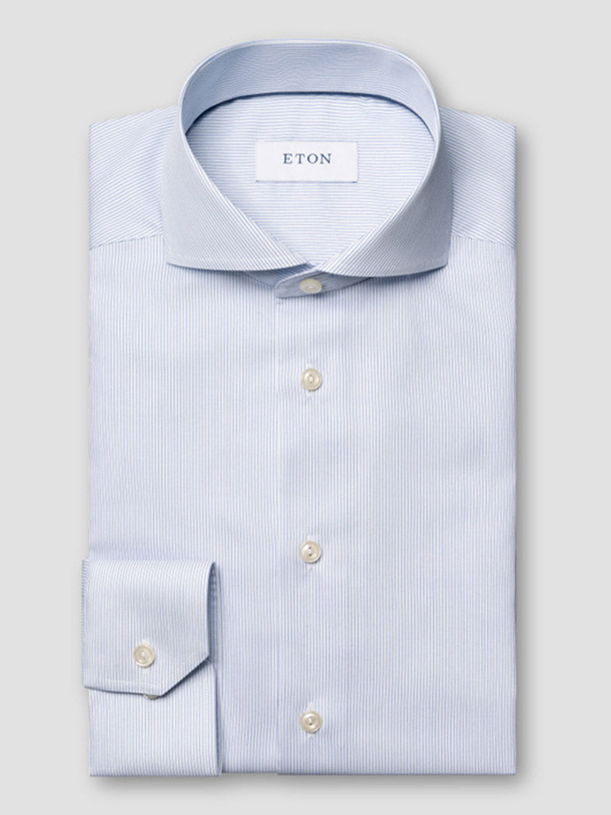 The Eton Slim Fit Striped Twill Dress Shirt in dark blue features an extreme cut away collar and is displayed against a plain gray background.