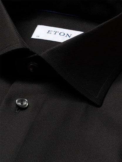 Close-up of the Eton Slim Fit Black Textured Twill Dress Shirt with buttons, showing the "ETON" label and size "39".
