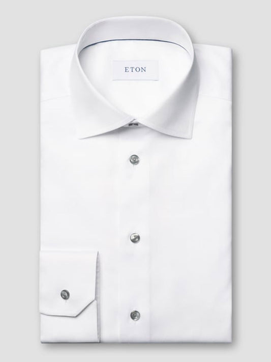 The Eton Contemporary Fit White Twill Dress Shirt features grey details, a classic collar, buttoned cuffs, and the signature ETON label inside the collar for a refined look.
